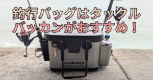 釣り場（おかっぱり）に置かれたソフトタイプのタックルバッカン